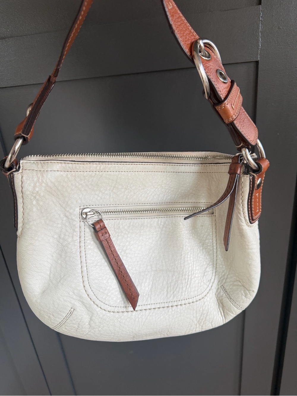 Coach SoHo Cream Pebbled Leather Shoulder Bag with Brown Trim